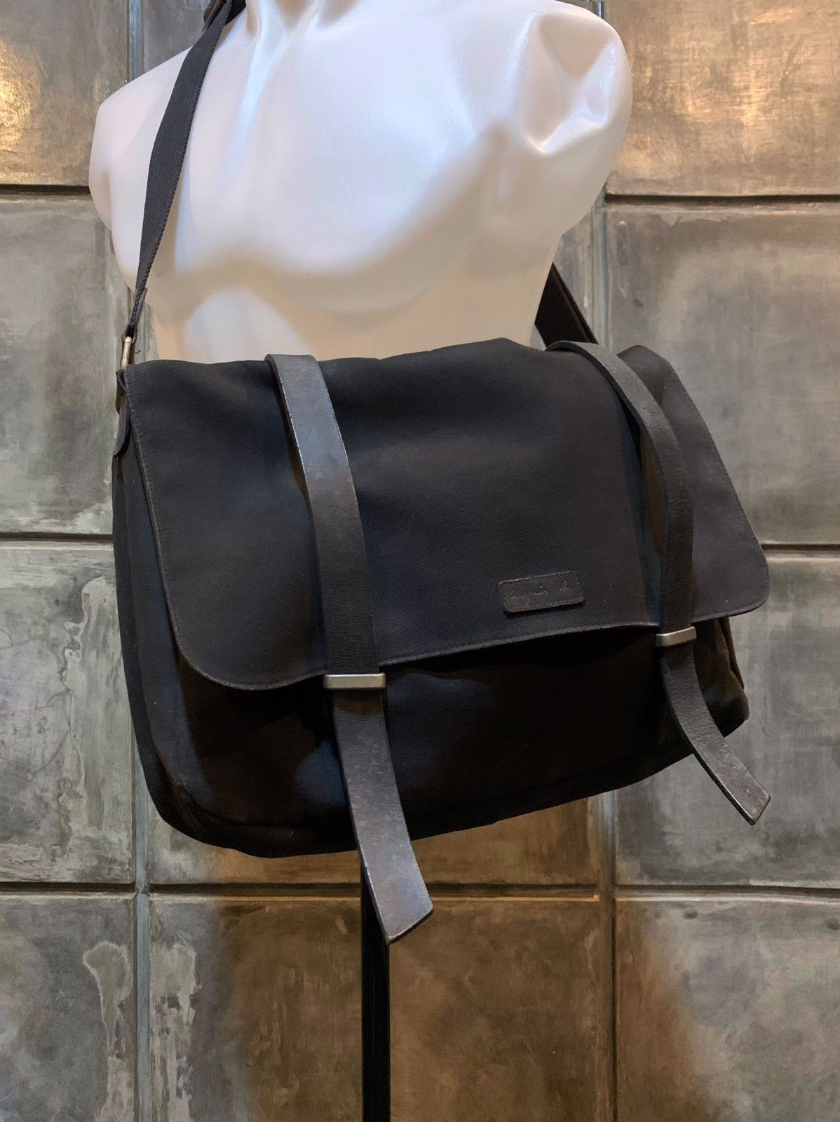 1990 Agnes B Faded Flap Messenger Bag in Black, Men's