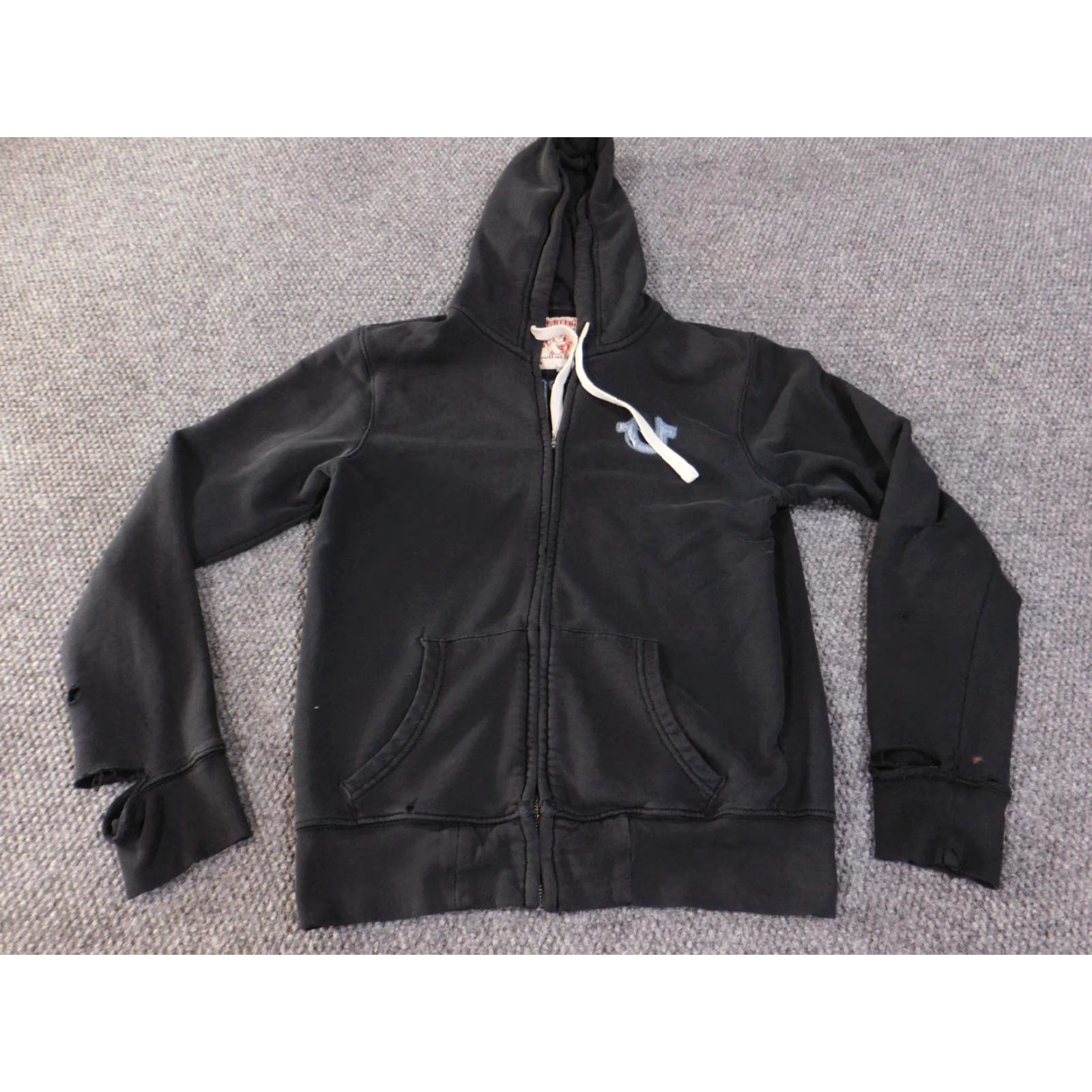 True Religion VINTAGE True Religion Hoodie Sweatshirt Mens S Black Full Zip Back Denim Patch Graphic Print Logo Zipper Kangaroo Pockets Size US S / EU 44-46 / 1 - 4 Thumbnail