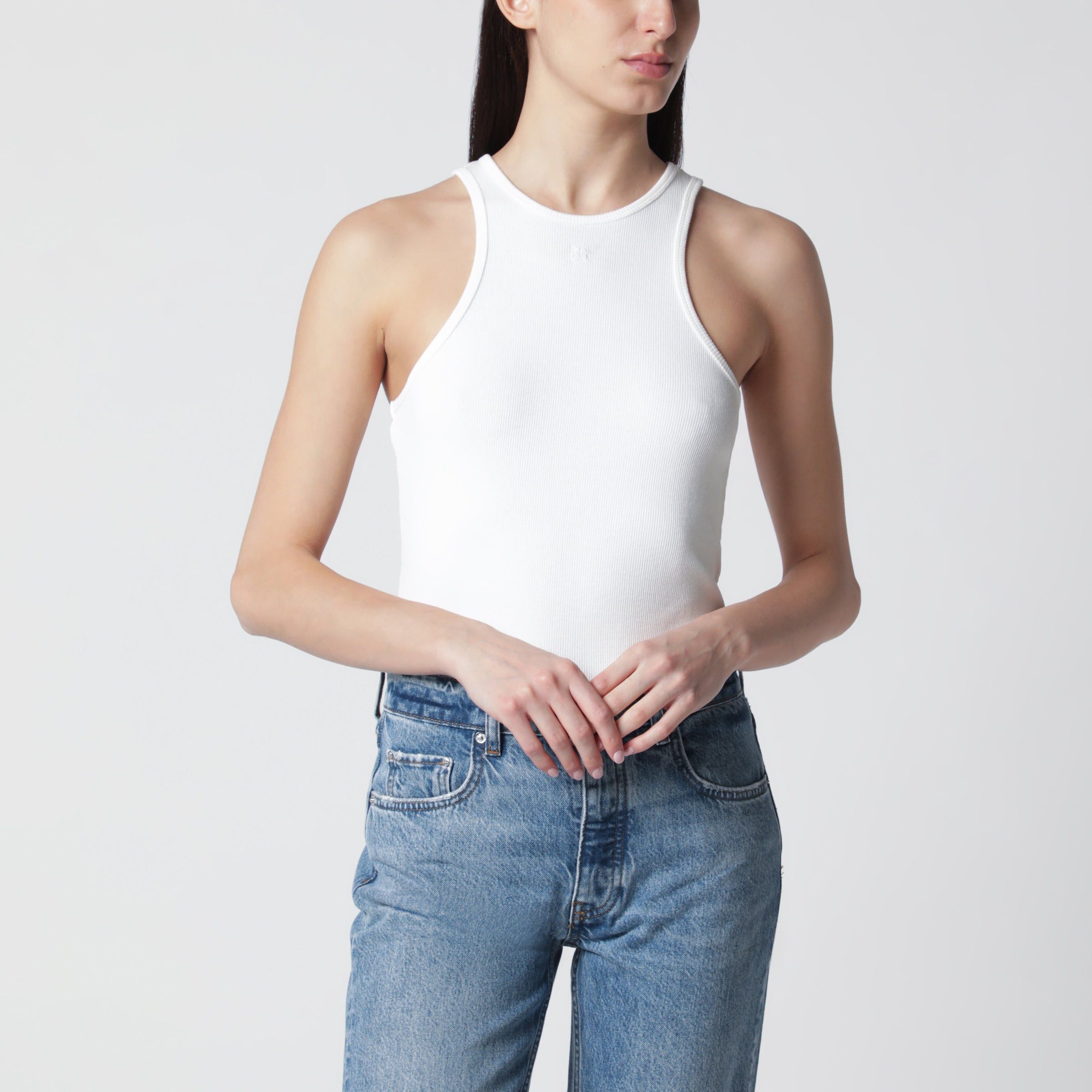 Anine Bing Anine Bing Cream Ribbed Tank Top With Logo Embroidery Size M / US 6-8 / IT 42-44 - 1 Thumbnail