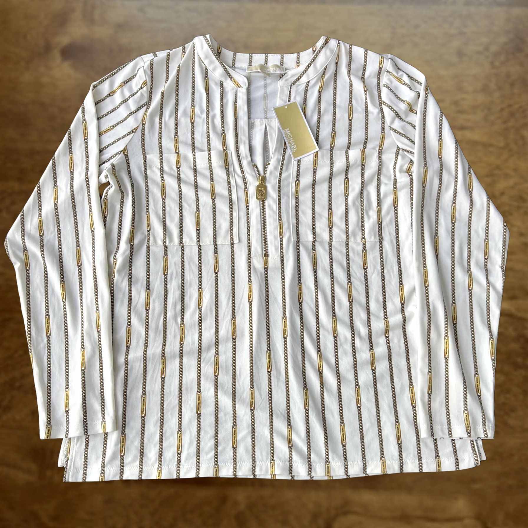 Michael Kors Michael Kors Shirt Womens Large Bone Gold Chain Print Half Zip OH1S4S8AN Size L / US 10 / IT 46 - 1 Thumbnail