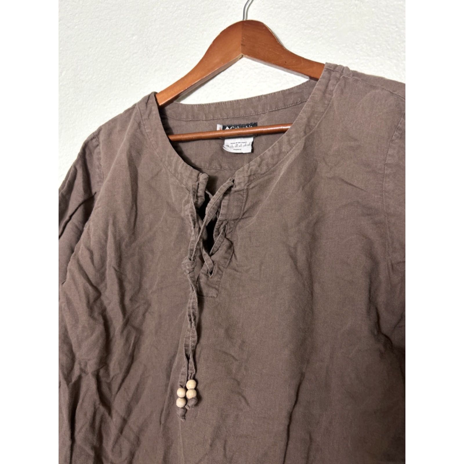 Vintage Columbia Shirt Women XL Brown Linen Blend Tie neck 3/4 Sleeve Pullover XCO Size XL / US 12-14 / IT 48-50 - 4 Thumbnail
