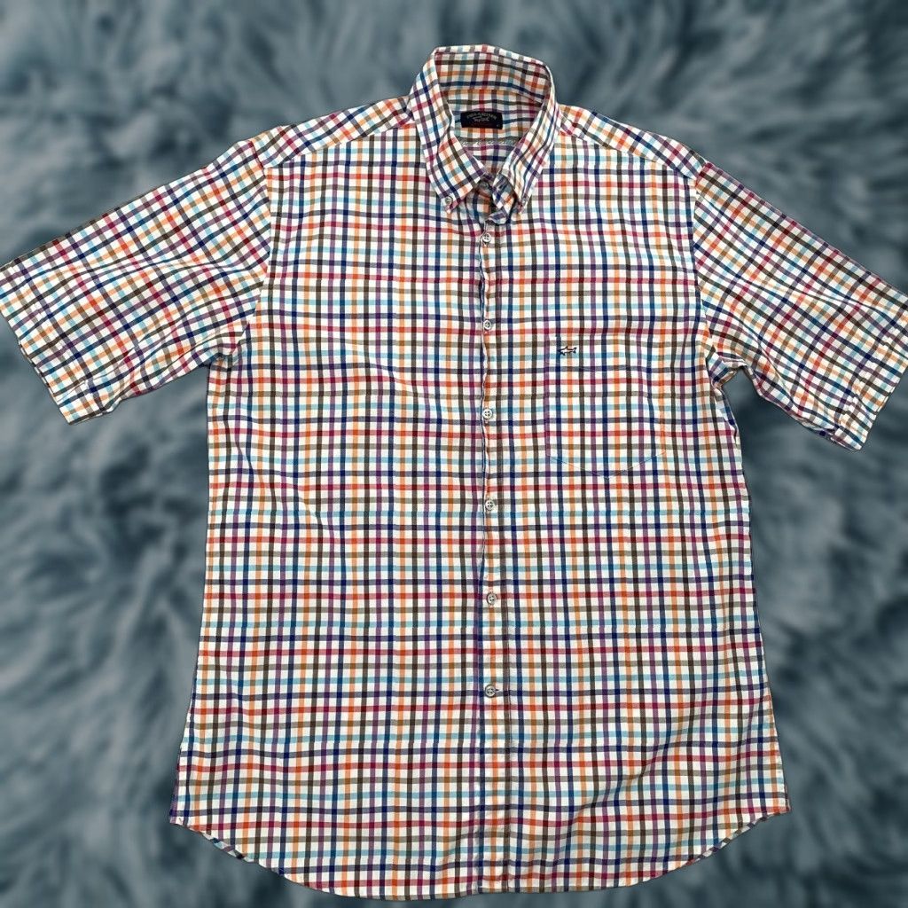 VINTAGE Paul & Shark Yachting Shirt Men 41 Short Sleeve Button Up Cotton Casual Multicolor 90s
