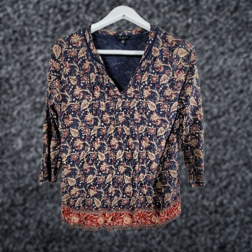 Lucky Brand Lucky Brand Womens Floral Boho Print 3/4 Sleeve V-Neck Top Large Blue Red Casual Shirt Womens Size L / US 10 / IT 46 - 1 Thumbnail