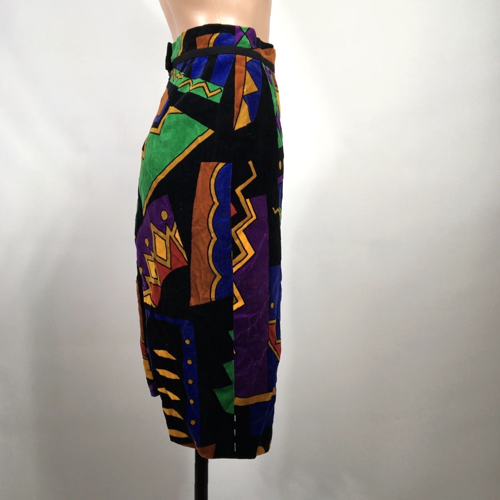 Vintage Multicolor Velvet Striped Pencil Skirt XS Women 70s 80s