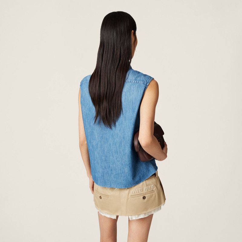 Miu Miu o1B3y1r0526 Sleeveless Chambray Shirt in Blue Size S / US 4 / IT 40 - 3 Thumbnail