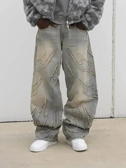 Designer × Japanese Brand × Jean Retro Raw Edge Embroidery Baggy Jeans Size US 31 - 1 Thumbnail