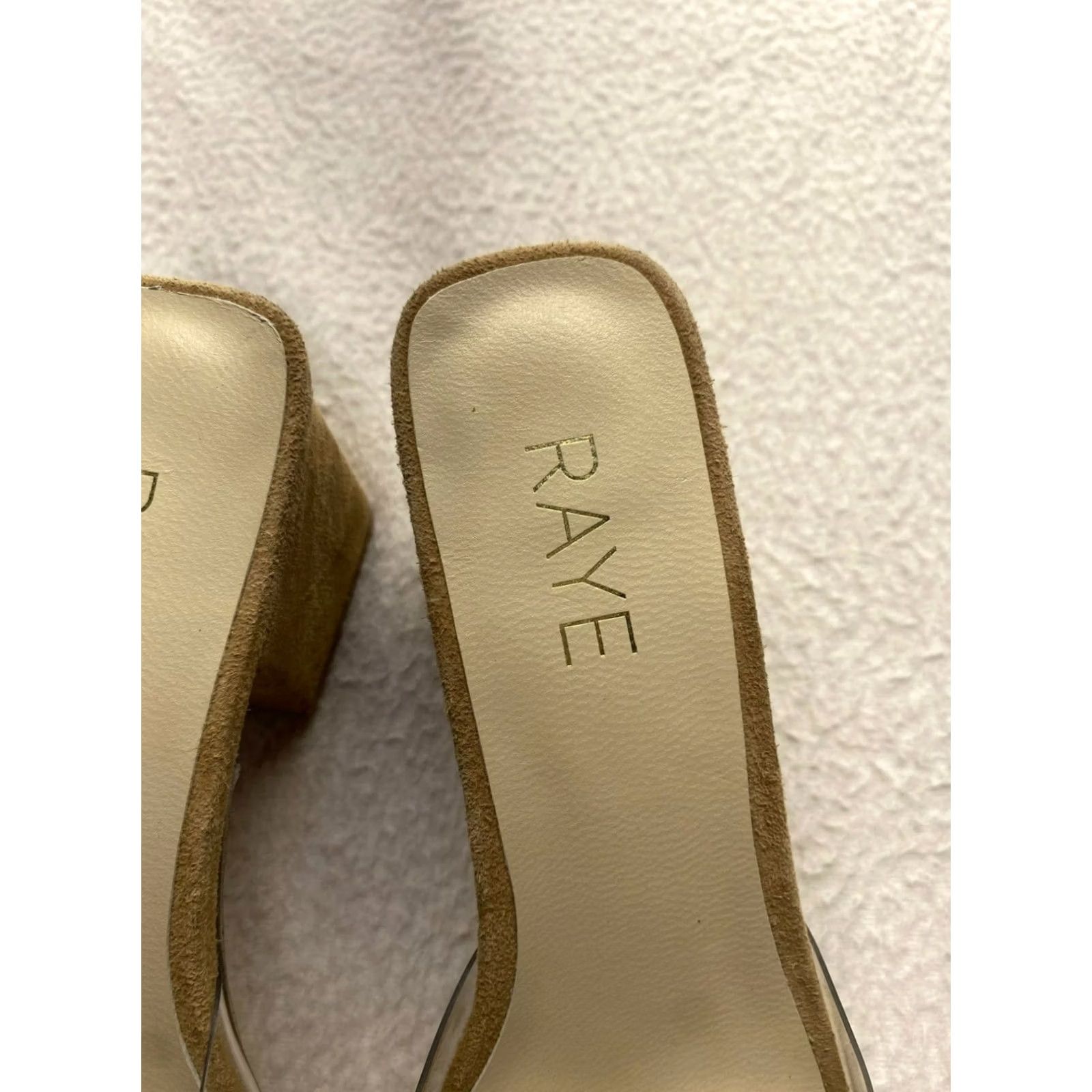 Vintage Raye Block Heel Mule Sandals Womens 8.5 Clear Tan Suede Slip-On Open Toe Brown 3-inch #5844 Size US 9 / IT 39 - 6 Thumbnail