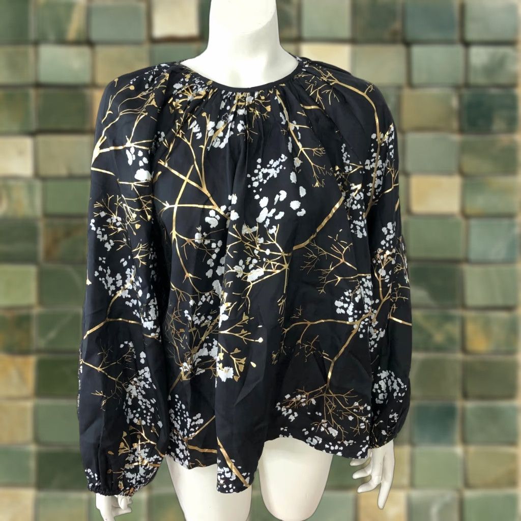 Cynthia Rowley Cynthia Rowley Blouse 100% Silk Smock Pullover All Over Print Black Long Sleeve Balloon Sleeve Regular Fit Women's L Silk Blouse Size L / US 10 / IT 46 - 1 Thumbnail