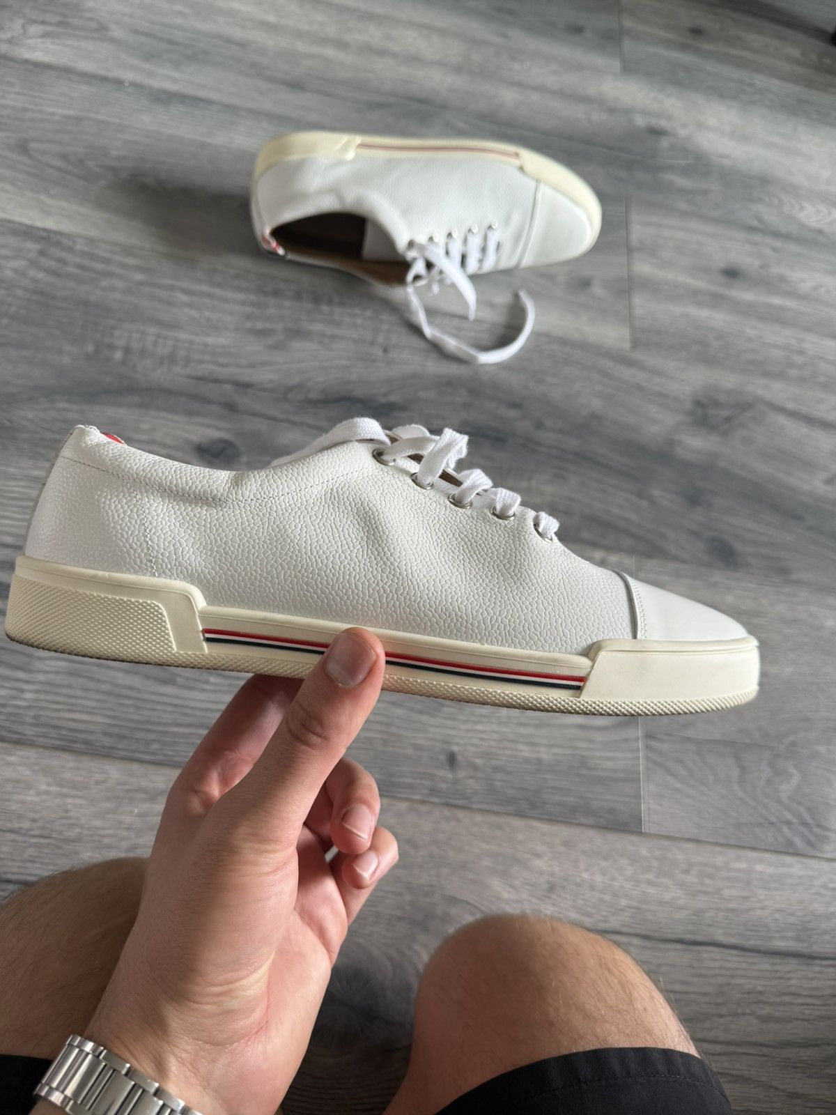 Thom Browne White Pebbled Leather Low-Top Sneakers Size US 7 / EU 40 - 3 Thumbnail