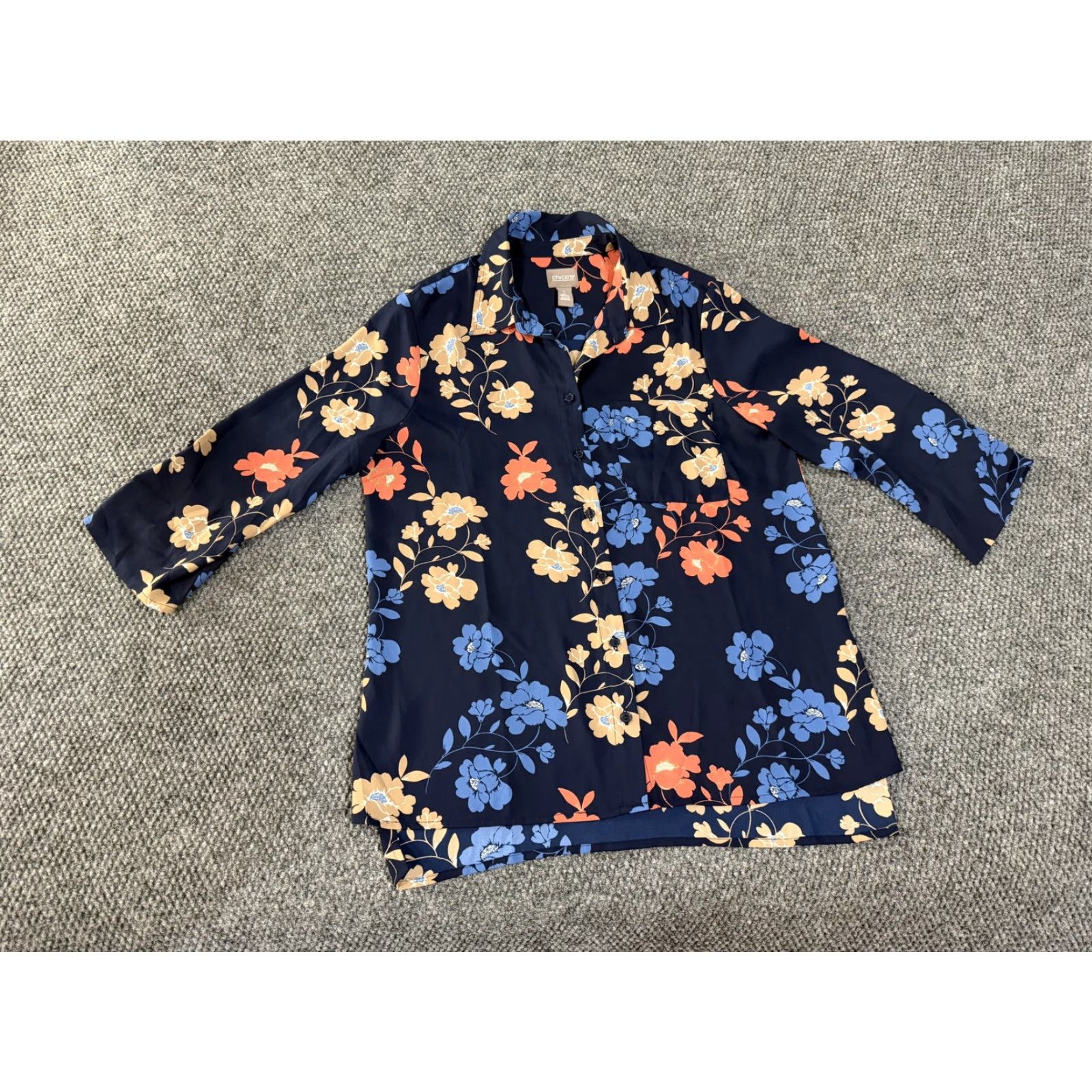 Vintage Chicos Shirt Womens 1 Navy Floral Button Front 3/4 Sleeve Tunic Blouse Top Size XS / US 0-2 / IT 36-38 - 2 Thumbnail