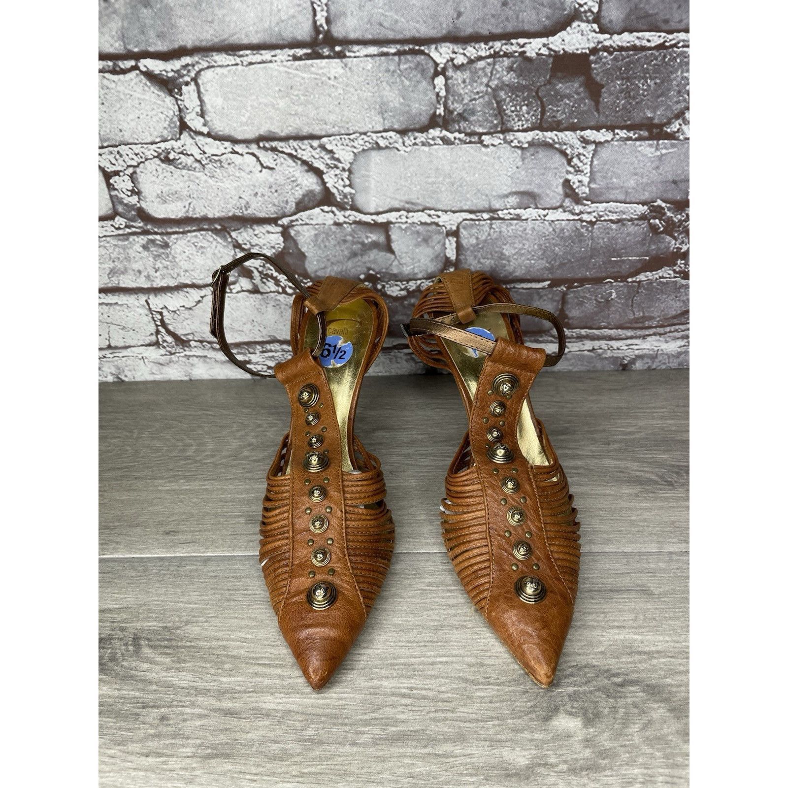 Just Cavalli Just Cavalli Brown Leather Studded Pointed Ankle Strap Stile Size US 6.5 / IT 36.5 - 2 Thumbnail