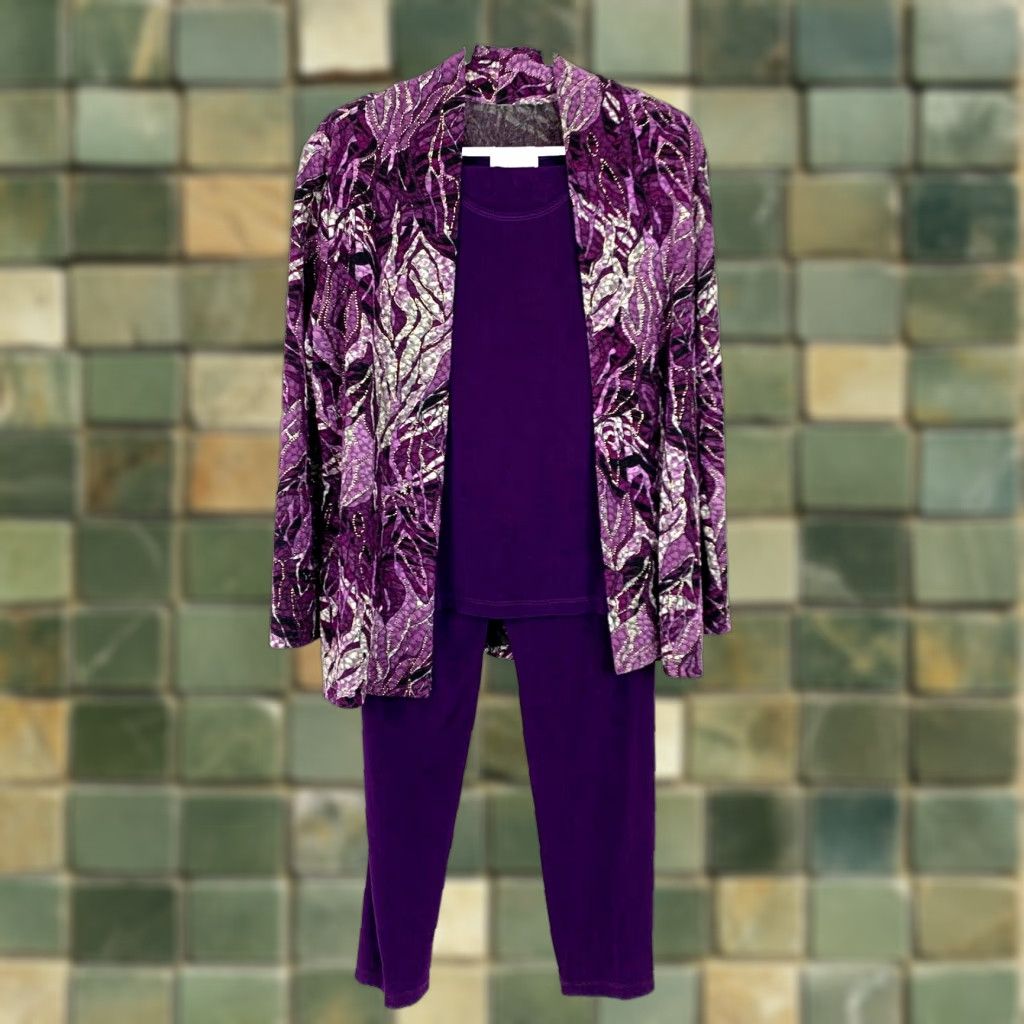 Vintage Draper's & Damon's Petites Deep Purple Jacket Shirt Outfit Medium Petite Womens Silk Blend Floral 3 Piece Set Size M / US 6-8 / IT 42-44 - 1 Thumbnail