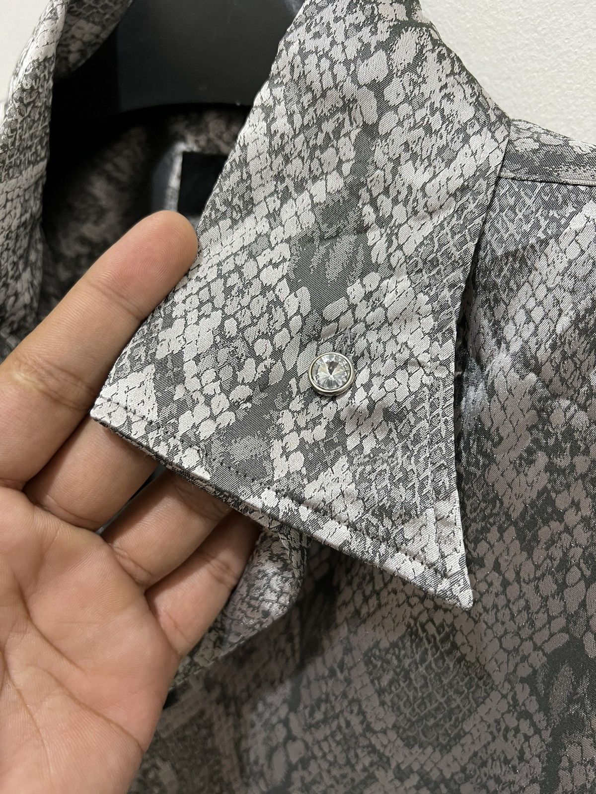 Black varia sateen phyton pattern button up shirt