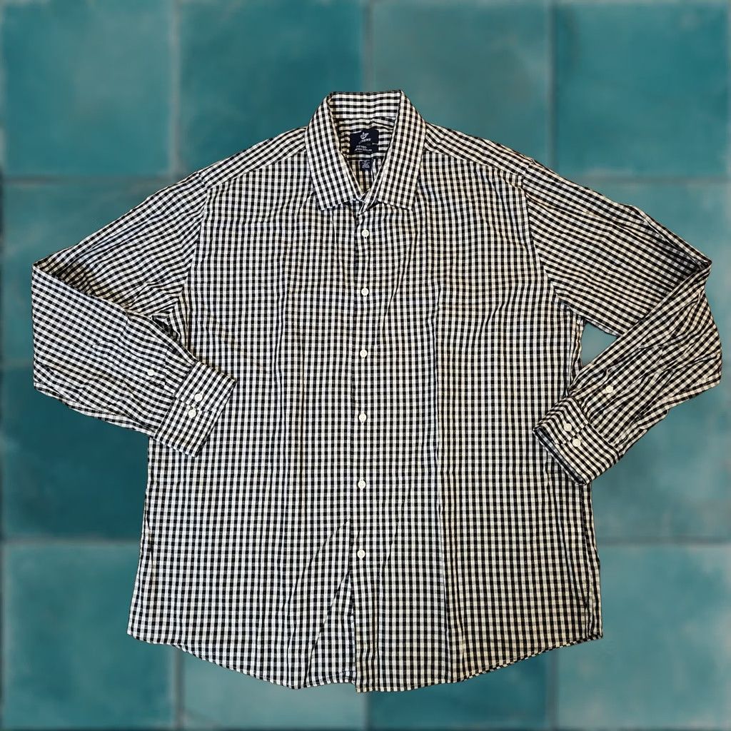 Dockers DOCKERS Dress Shirt Men XL White Black Checkered Fitted Stretch Collared Long Sleeve Button-Front Cotton Size 46R - 1 Thumbnail