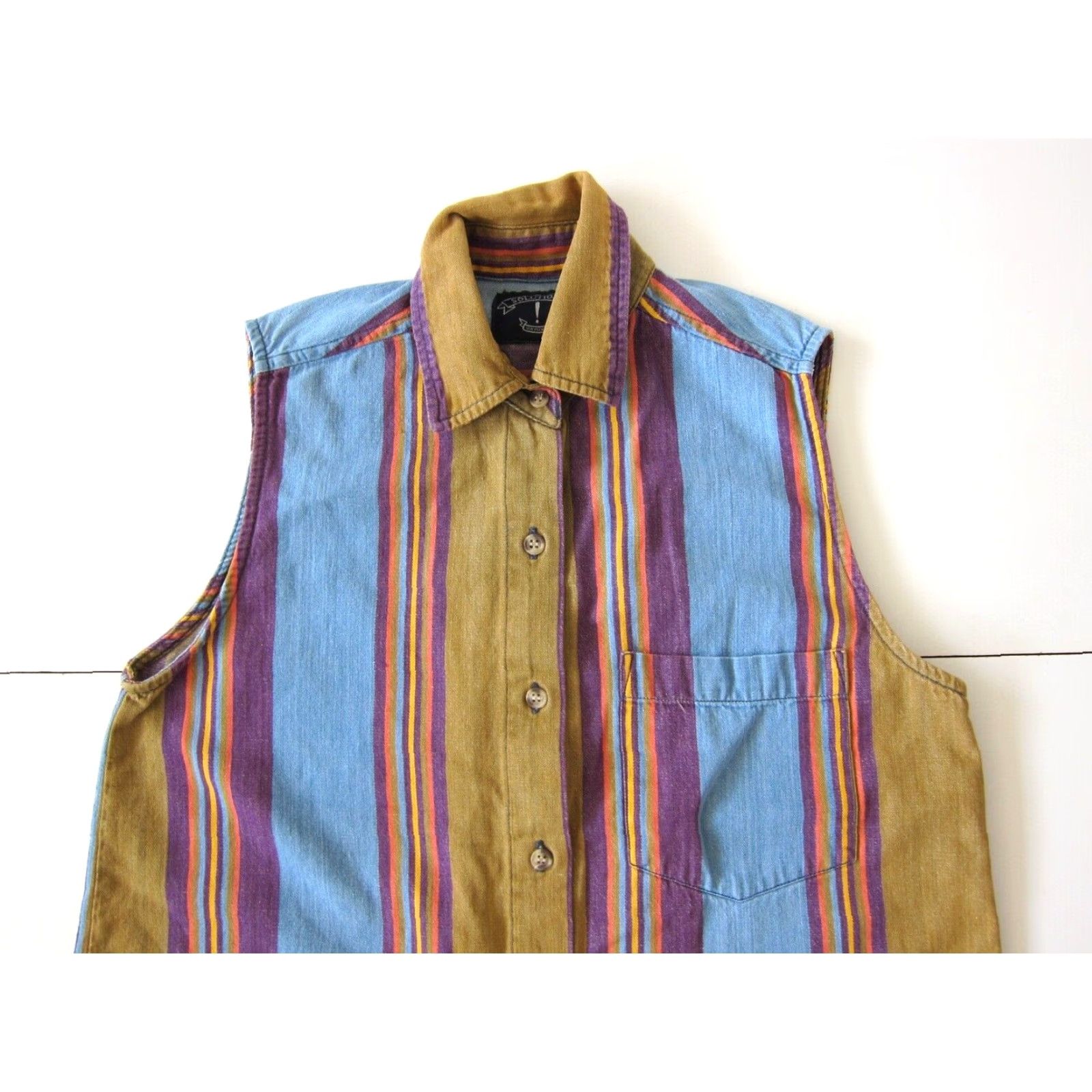 Vintage VINTAGE Solutions Blouse Shirt Women M Sleeveless Striped Cotton Blue Purple Brown Collared Button 40" Bust 27" Shoulder to Bottom Women Size M / US 6-8 / IT 42-44 - 3 Thumbnail