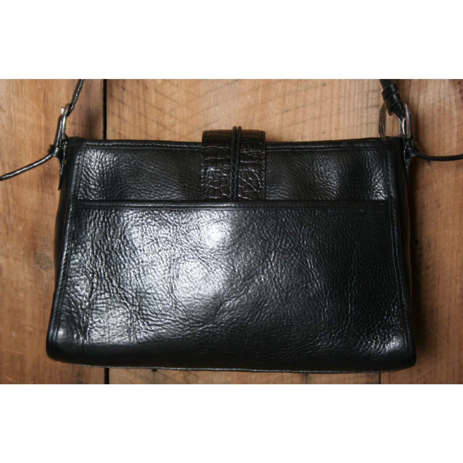 Brighton VINTAGE Brighton Shoulder Bag Black Leather Croc Embossed Plaid Lined Small Purse Size ONE SIZE - 6 Thumbnail