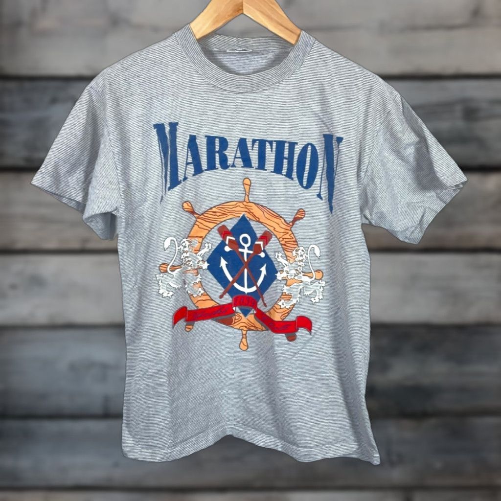 Vintage VINTAGE Marathon Yacht Club T-Shirt Adult Large Gray Striped 90s Logo NMVL Size US L / EU 52-54 / 3 - 1 Thumbnail