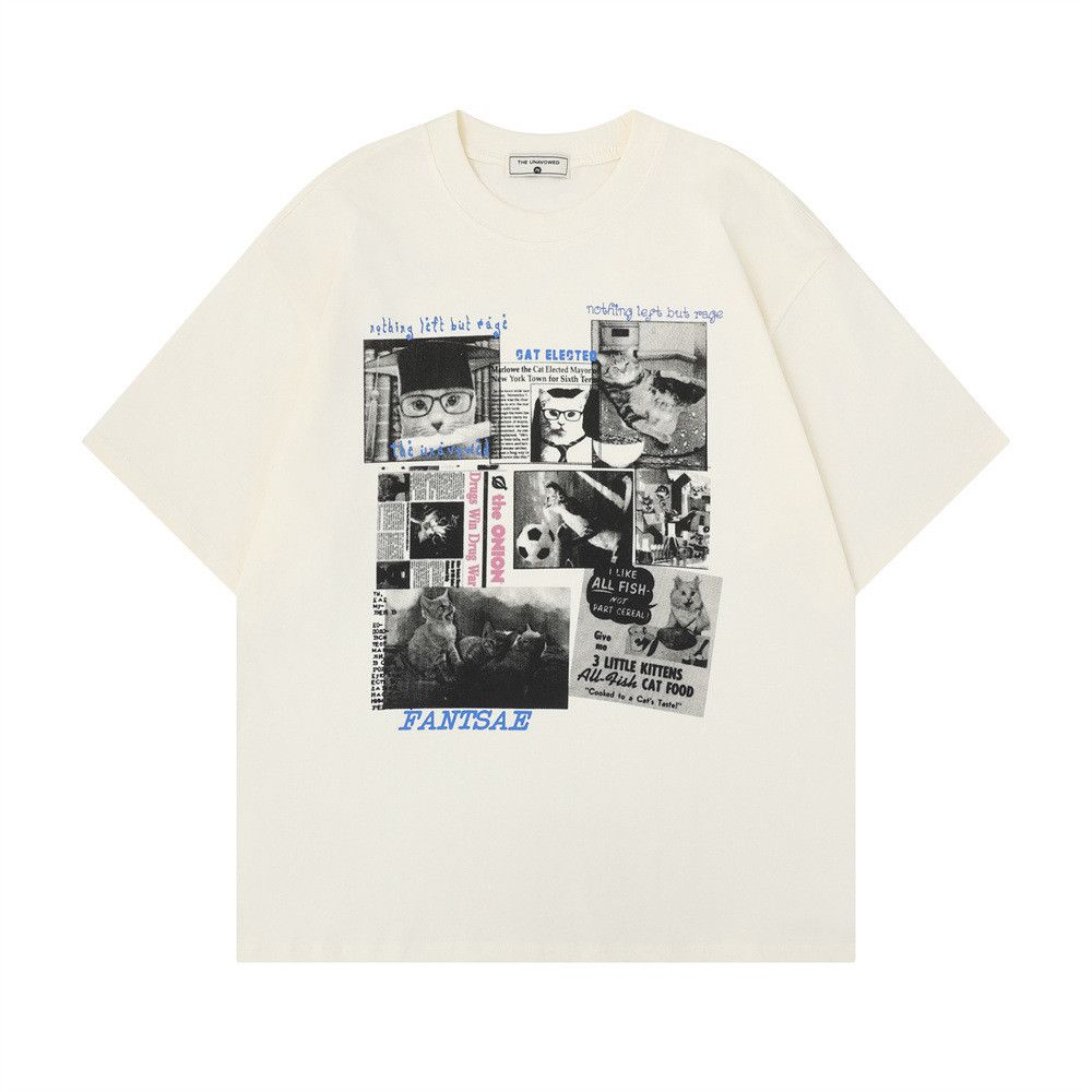Japanese Brand Men's Streetwear Loose-Fit Casual T-Shirt with Kitten Print Size US M / EU 48-50 / 2 - 1 Thumbnail