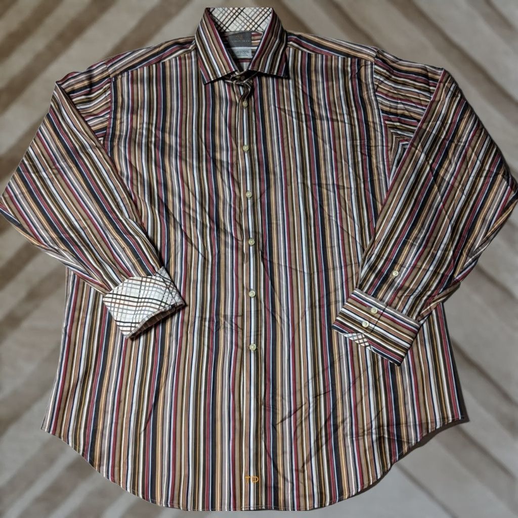 Vintage TD THOMAS DEAN Men Dress Shirt XL Brown Striped Button-Up Cotton NEW Size 46R - 1 Thumbnail