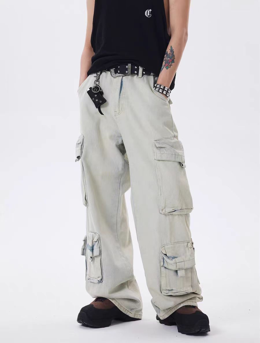 Vintage washed distressed multi-pocket street jeans
