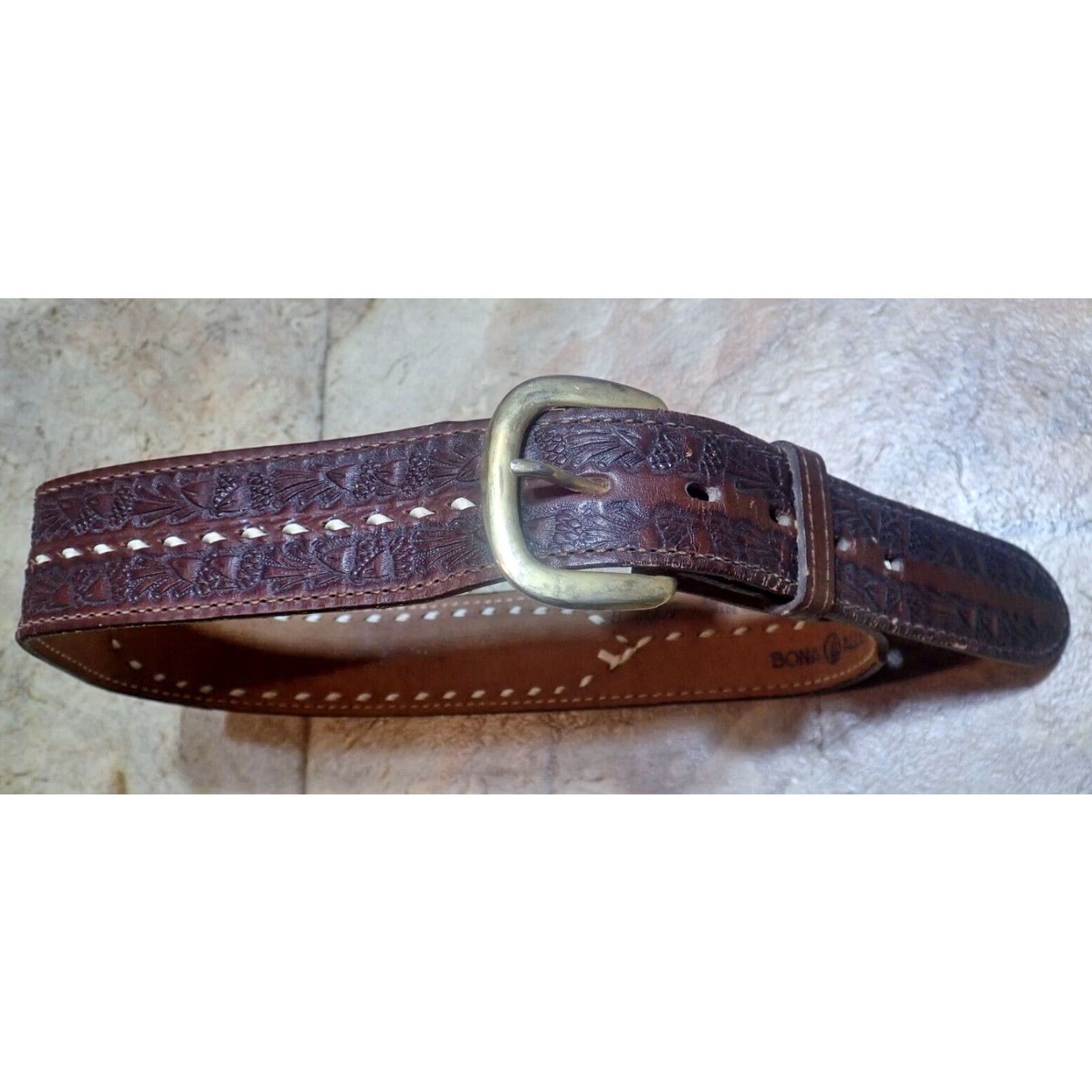 Vintage VINTAGE Bona Allen Belt GINNY Name 30 Brown Tooled Leather Western Belt Womens 70s 80s 90s USA Buckle Size ONE SIZE - 2 Thumbnail
