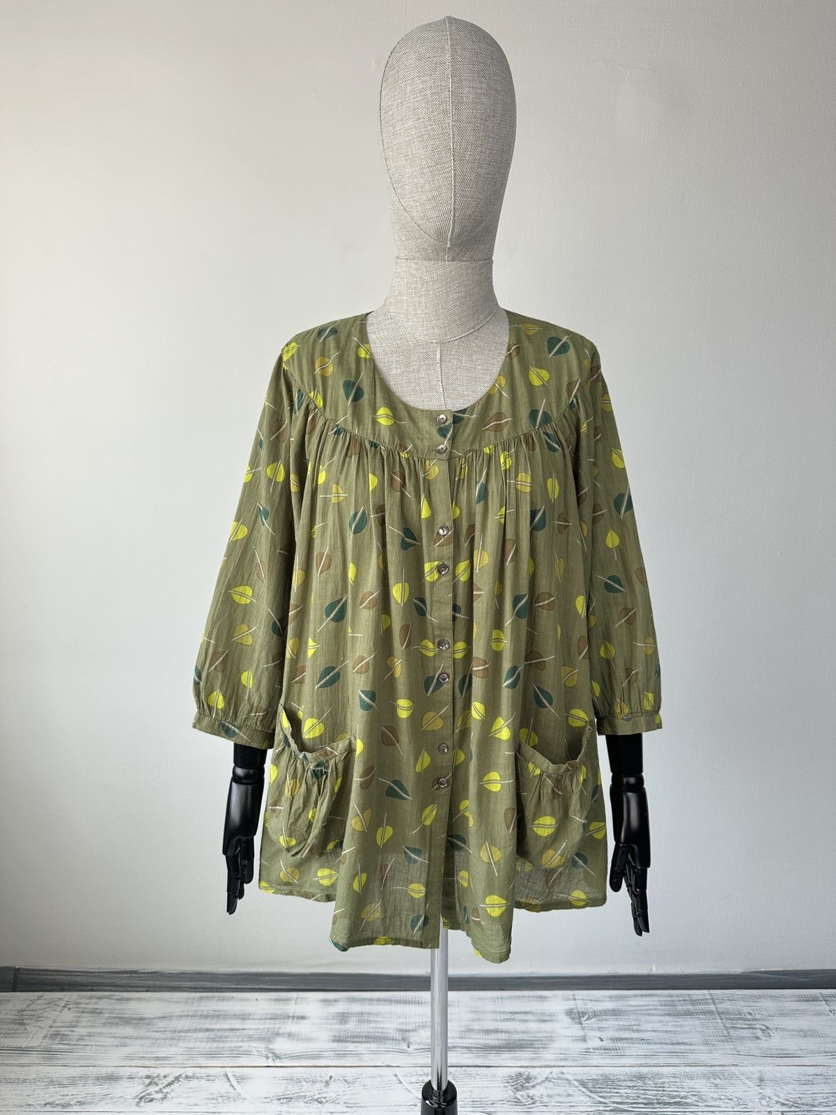 Gudrun Sjoden GUDRUN SJODEN Olive Leaf Print Cotton Tunic Blouse Lagenlook Size M / US 6-8 / IT 42-44 - 1 Thumbnail