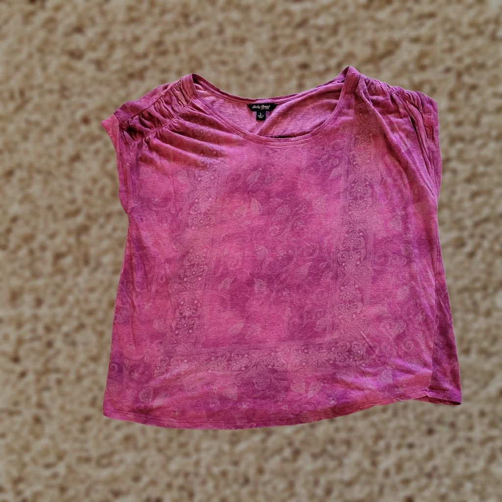 Lucky Brand Lucky Brand Top Shirt Women Large Pink Linen Short Sleeve Floral Round Neck Boho Size L / US 10 / IT 46 - 1 Thumbnail