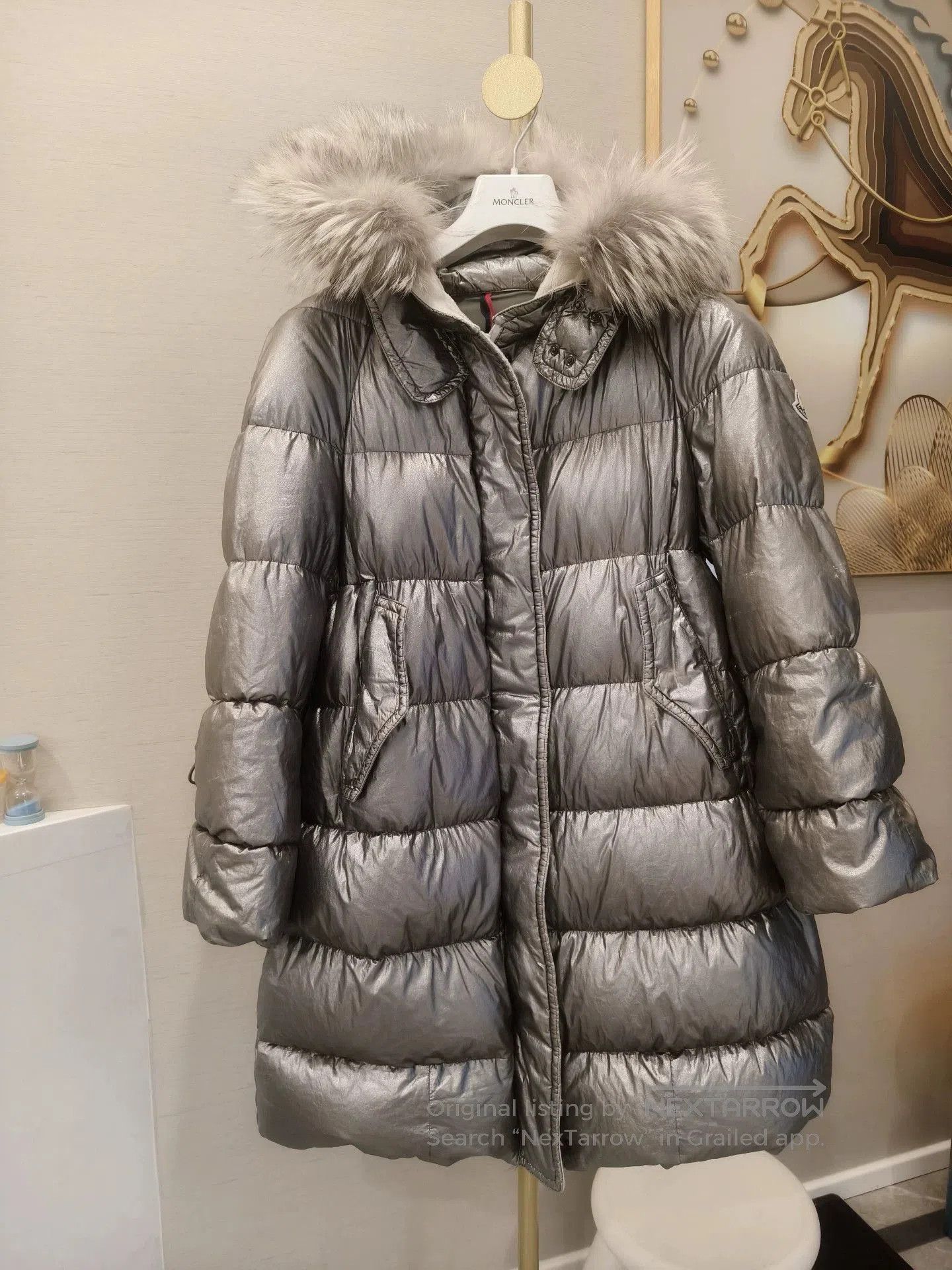 Moncler Silver Puffer Coat with Faux Fur Hood. Size US S / EU 44-46 / 1 - 1 Thumbnail