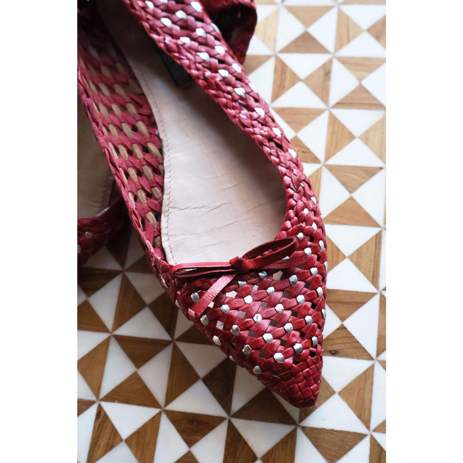 Prada Vintage PRADA Y2K Red + Metallic Silver Leather Woven Flats Size US 10 / IT 40 - 4 Thumbnail