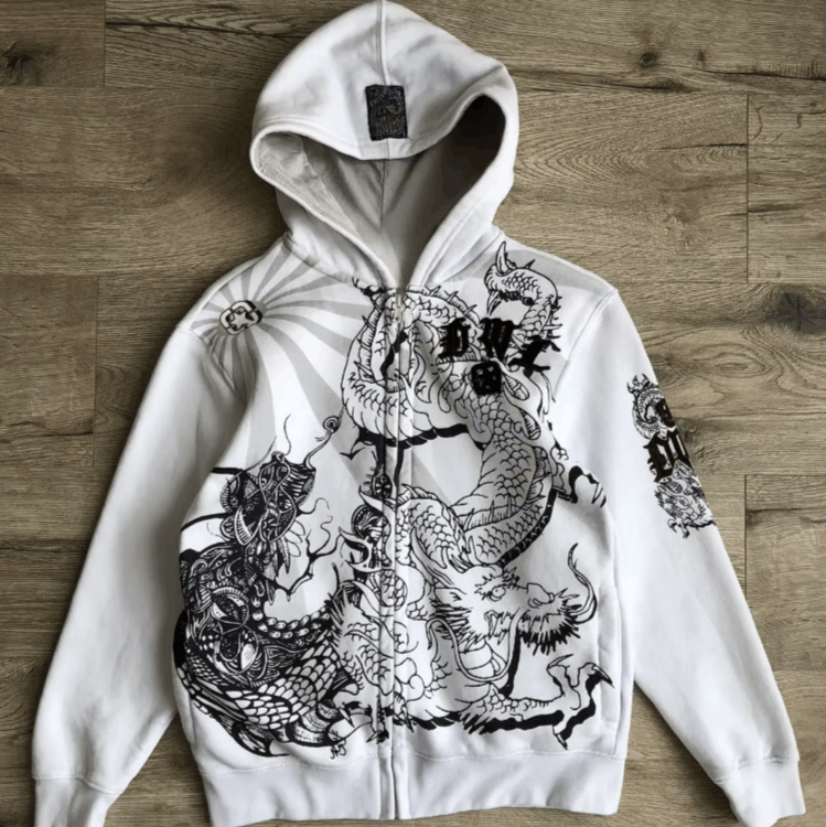 Japanese Brand Y2K Chinese Dragon Ink Wash Print Hooded Zip Up Size US L / EU 52-54 / 3 - 1 Thumbnail