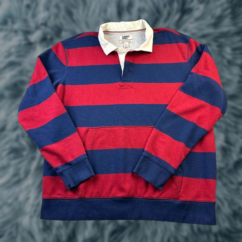 Lands' End Lands End Rugby Shirt XL Mens Blue Gray Long Sleeve Polo Sweater Striped Button Logo Casual Vintage Size US XL / EU 56 / 4 - 1 Thumbnail