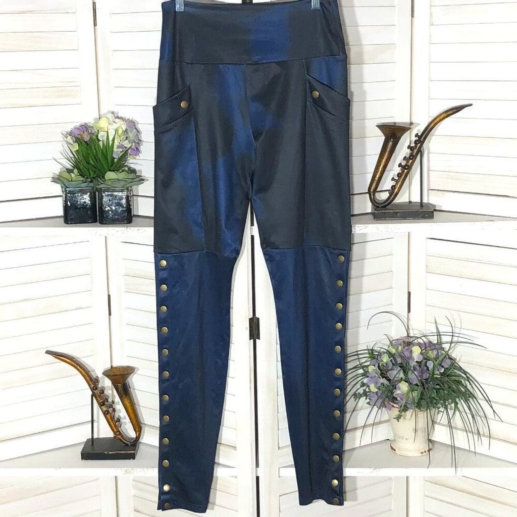 Vintage Y2K style punk goth leggings snap buttons blue black Sz M Size 24" / US 00 / IT 34 - 1 Thumbnail