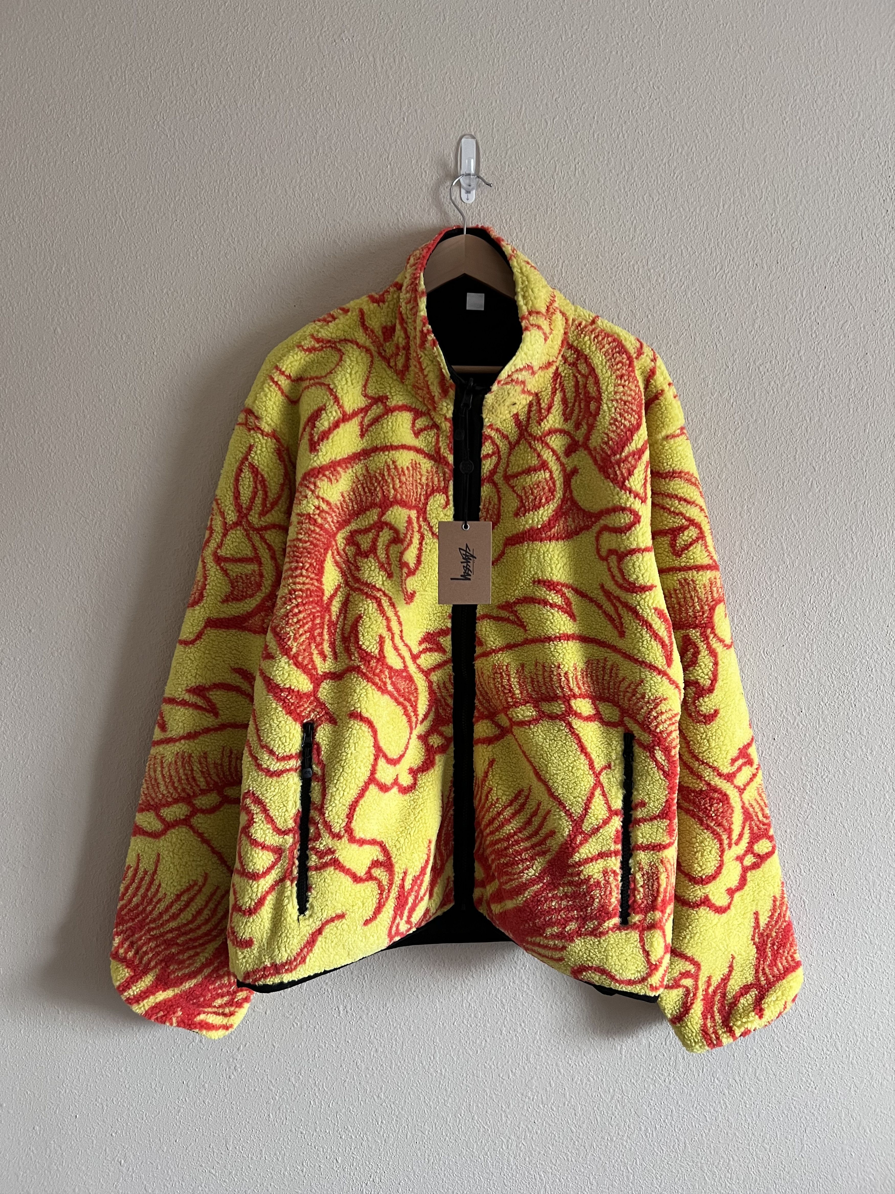 Image of Stussy Dragon Sherpa Fleece Jacket In Lime Yellow, Men's (Size XL)