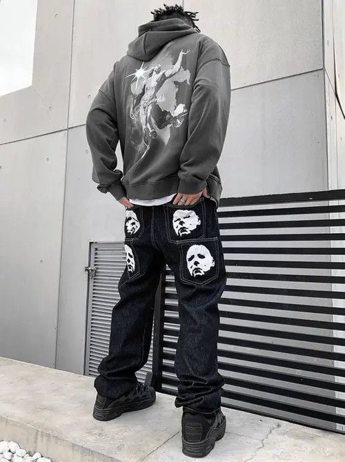 image of Faces Graphic Black Denim Jeans, Men's (Size 32)