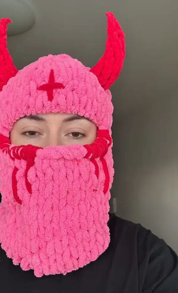 Japanese Brand Pink devil ski mask horns . Knitted balaclava . Winter hat Size ONE SIZE - 2 Thumbnail