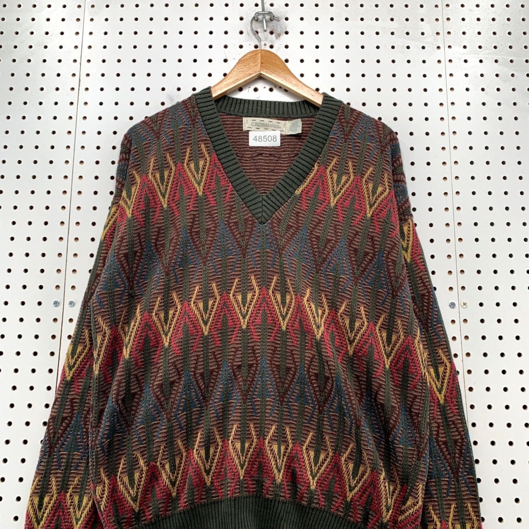 Vintage VINTAGE Crossings Sweater Mens L Brown 90s Geometric Diamond V Neck Cotton Size US L / EU 52-54 / 3 - 4 Thumbnail