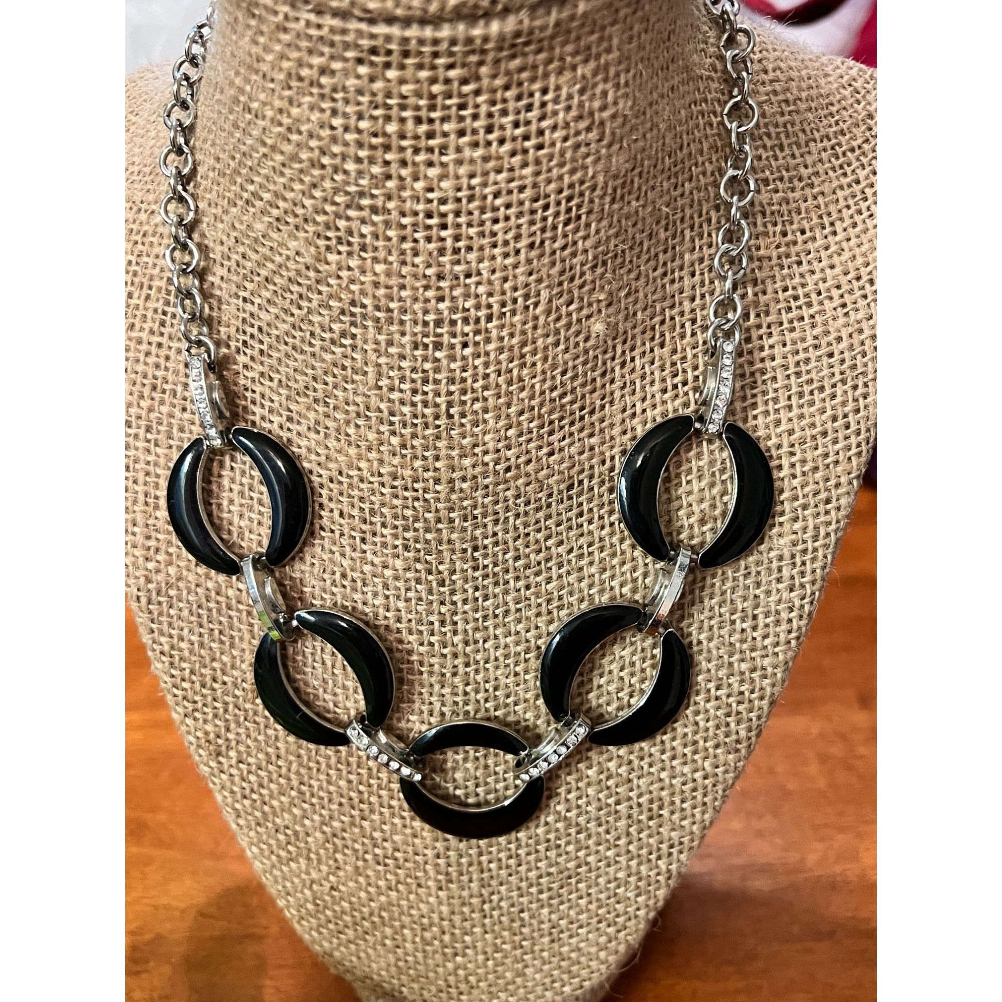 Other Cato C 1946 Silver Tone Black Enamel necklace clear rhinesto Size ONE SIZE - 1 Thumbnail