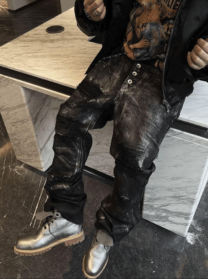 Other Y2K Black Destruction Brush Silver Heavy Work Wide Leg jeans Size US 34 / EU 50 - 4 Thumbnail