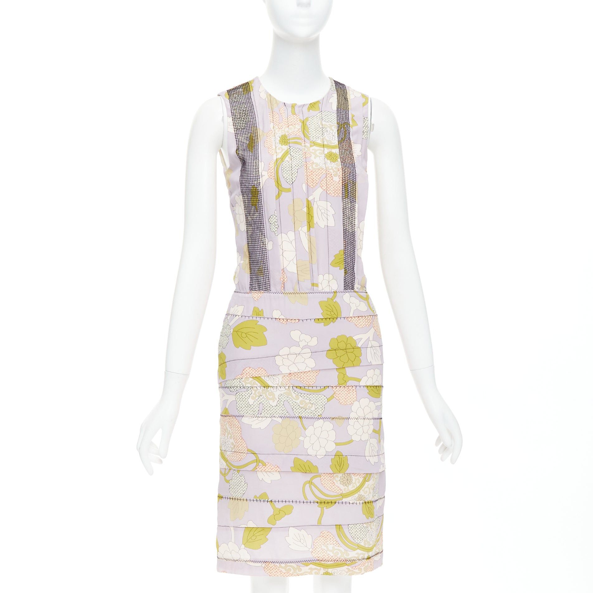 Bottega Veneta BOTTEGA VENETA 2015 Runway silk purple floral print black mesh pleat dress IT38 XS Size XS / US 0-2 / IT 36-38 - 1 Thumbnail
