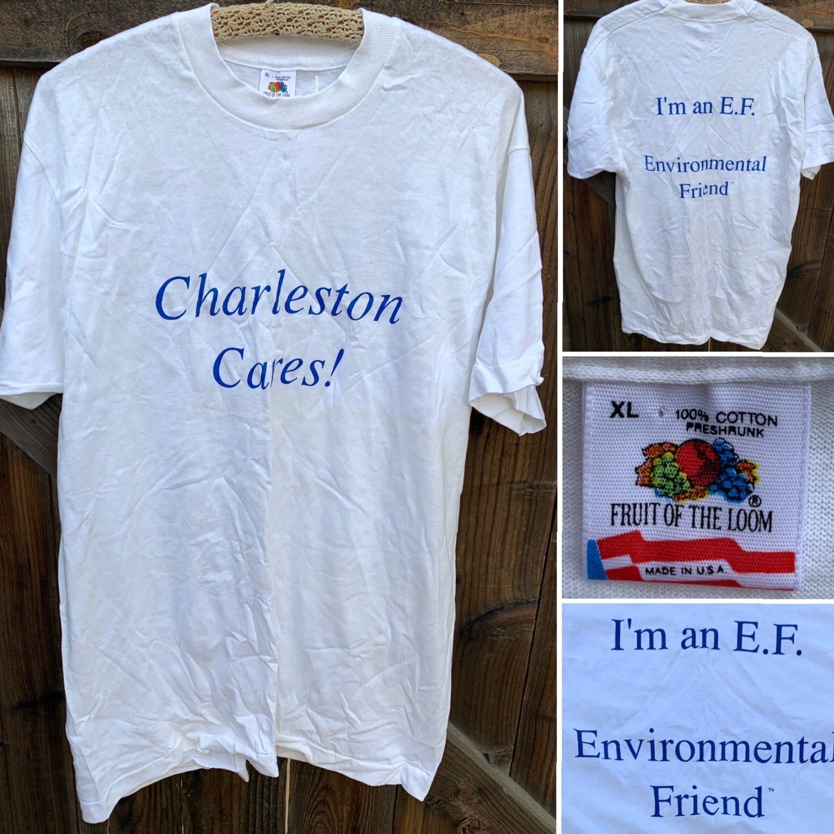 Fruit Of The Loom VINTAGE Charleston Cares I’m an EF Environmental Friend T-Shirt Size XL Men White Cotton Jersey Short Sleeve Graphic Print Size US XL / EU 56 / 4 - 2 Thumbnail