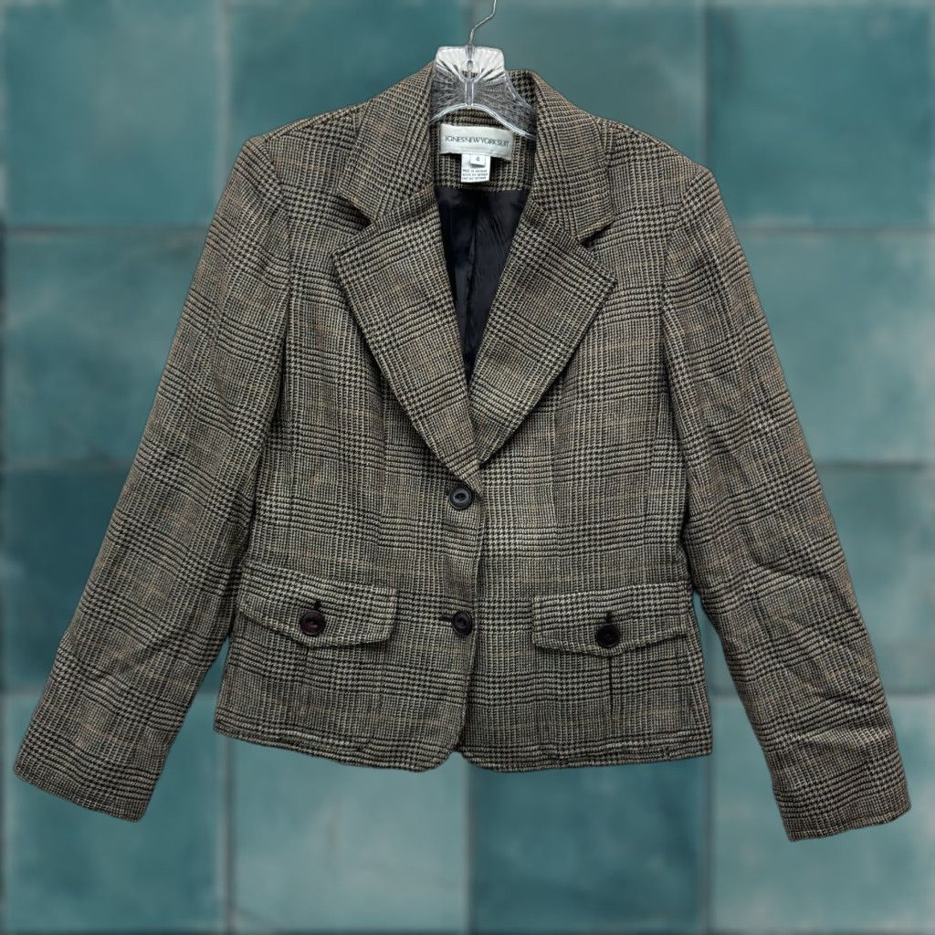 Jones New York VINTAGE Jones New York Blazer Women 4 Wool Blend Beige Houndstooth Plaid Blazer Barons Academia Tan Beige Mens Womens Girls Boys Size S / US 4 / IT 40 - 1 Thumbnail