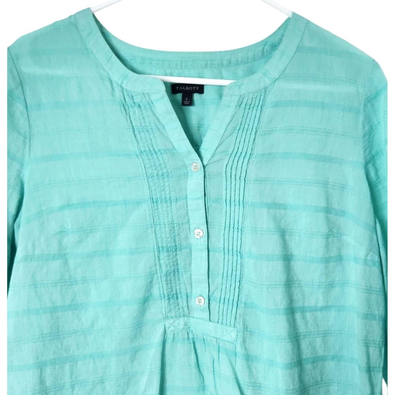 Talbots Talbots Womens L Top Lightweight Shirt 3/4 Sleeve Striped Pleated Cotton Green Size L / US 10 / IT 46 - 3 Thumbnail