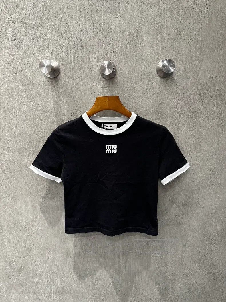Miu Miu Black Short Sleeve with White Logo on Chest