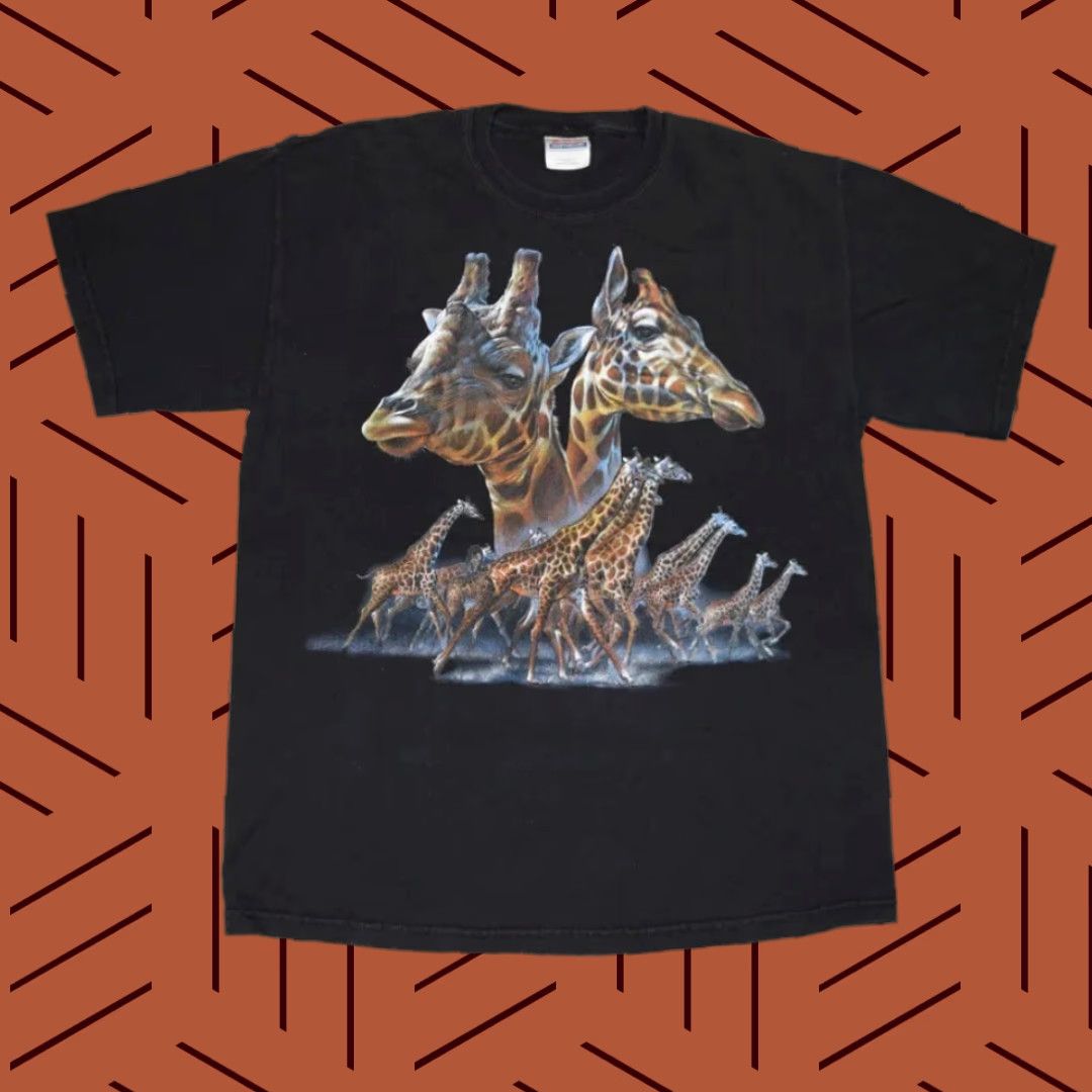 VTG 90s Giraffe Print Shirt Unisex Black Cotton Tee L 1990s Wildlife Grunge Hanes T-Shirt Mens Womens