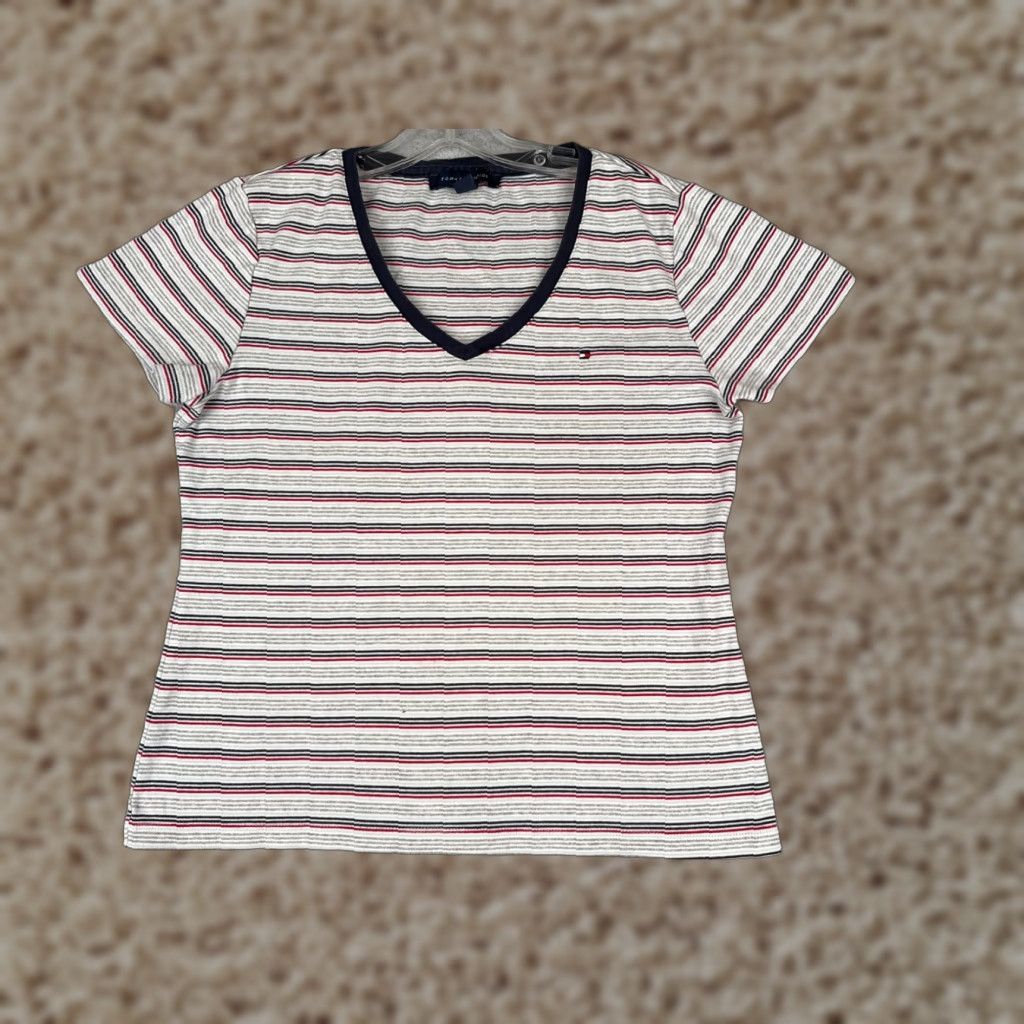 Tommy Hilfiger Tommy Hilfiger Shirt Women L Gray Red Stripe V-Neck Short Sleeve Cotton Size L / US 10 / IT 46 - 1 Thumbnail