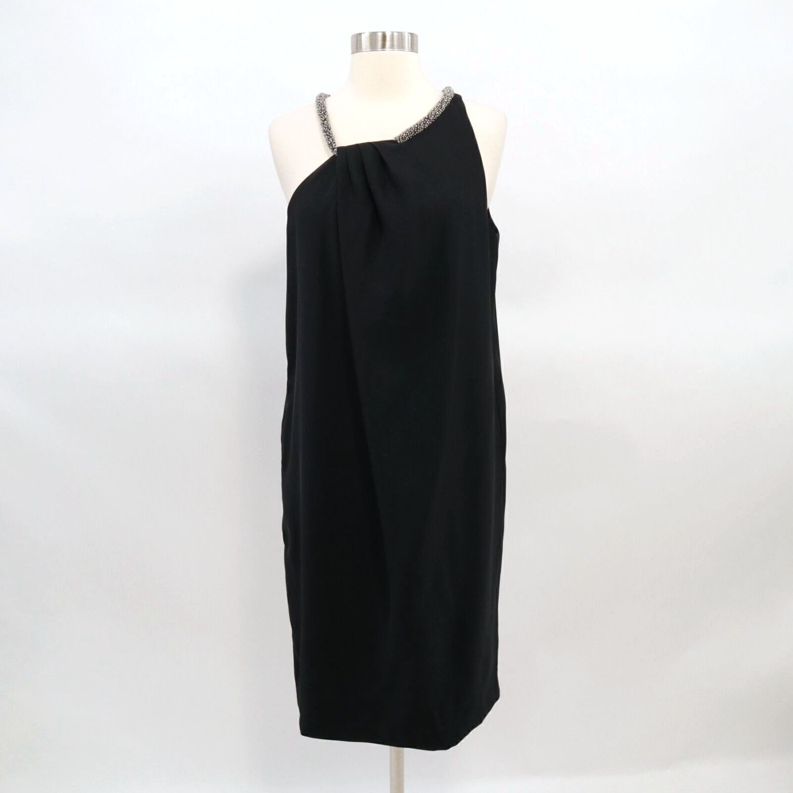 image of Armani Collezioni Shift Dress Womens 10 Black Asymmetrical Clear Beaded Strap in White (Size Large)