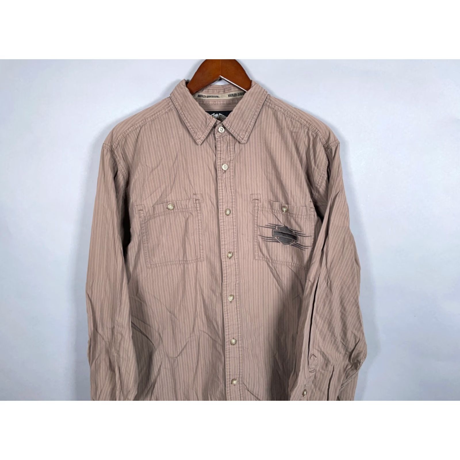 Harley Davidson VINTAGE Harley-Davidson Button-Up Shirt Men Large Long Sleeve Cotton Brown Striped Logo Biker Motorcycle Size US L / EU 52-54 / 3 - 4 Thumbnail