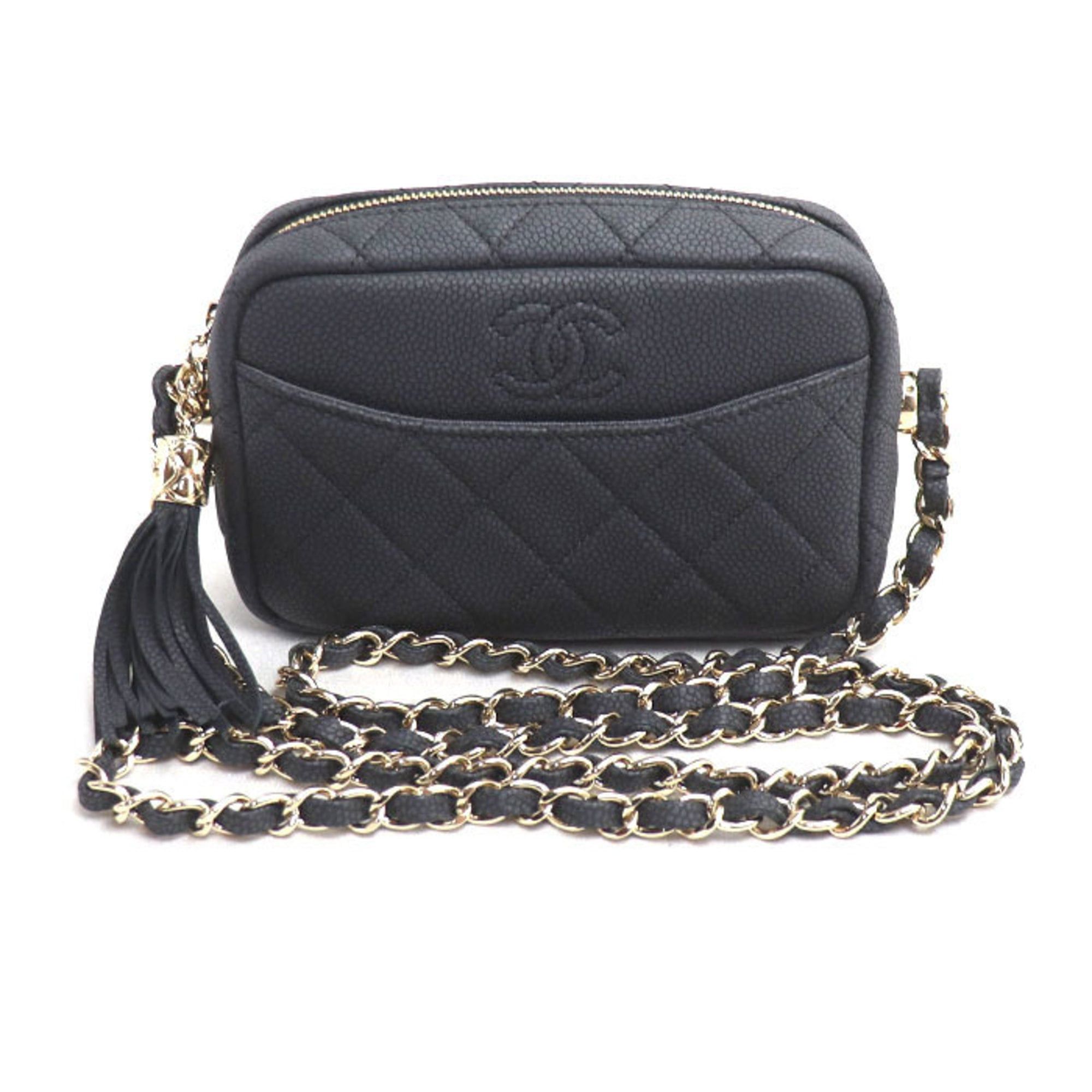 CHANEL Caviar Leather Matelasse Camera Bag Shoulder Black A57717 Women's