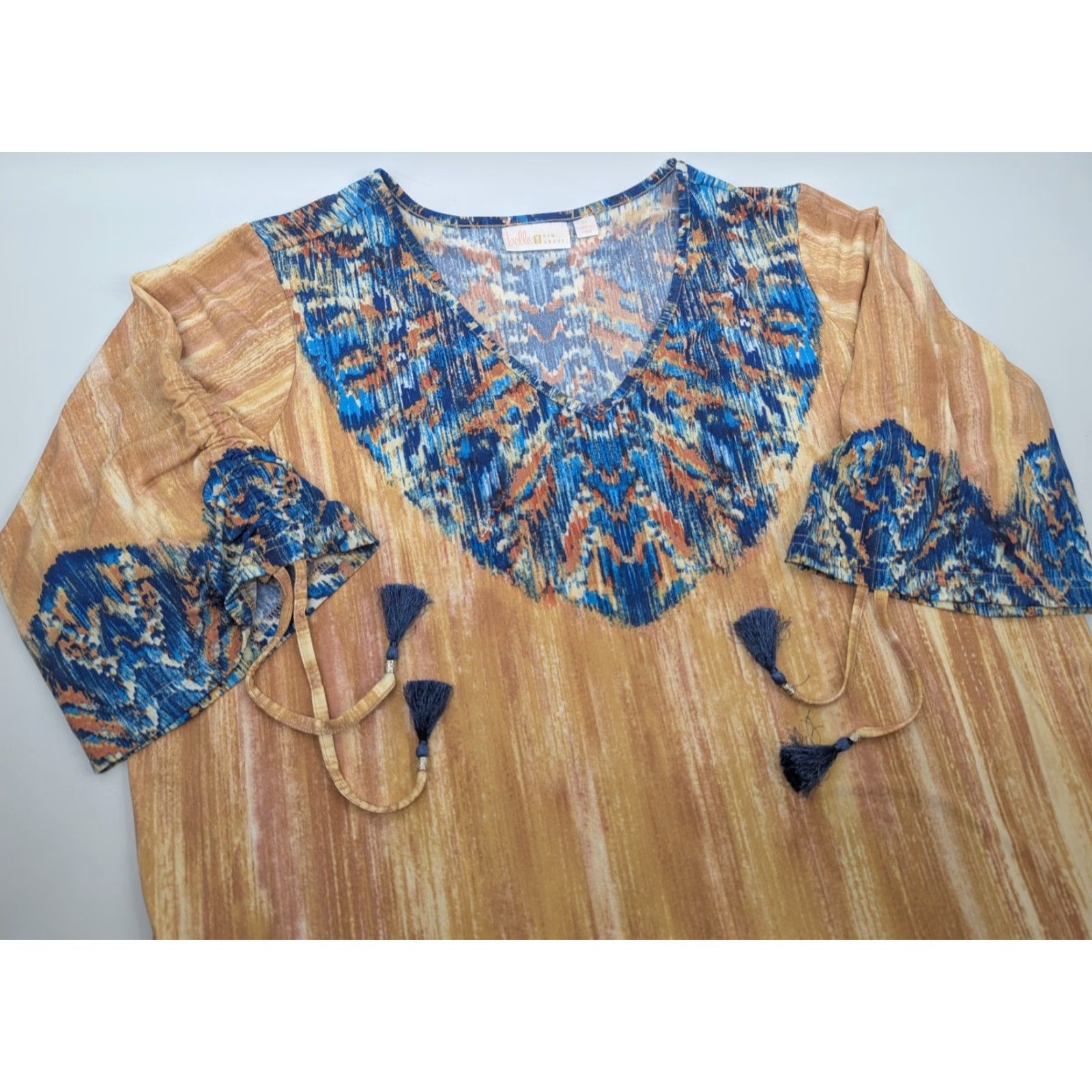 Vintage Belle by Kim Gravel Blouse 1X Blue Orange Bohemian Print V-Neck 3/4 Sleeve Shirt Womens Size XL / US 12-14 / IT 48-50 - 2 Thumbnail