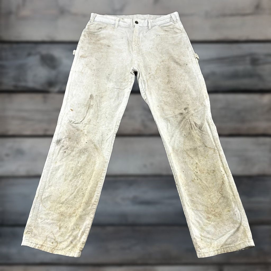 Dickies VINTAGE Dickies Pants Mens Regular 36x34 White Canvas Carpenter Workwear Distressed 5-Pocket Straight Inseam 34 Retro Size US 36 / EU 52 - 1 Thumbnail